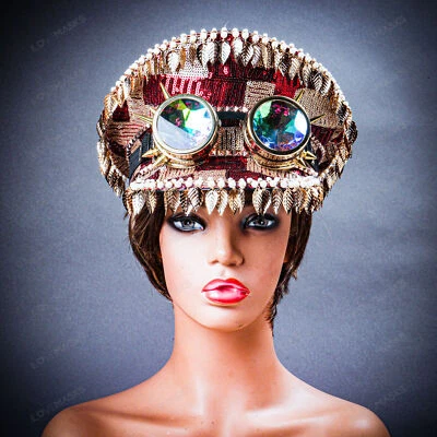 Burning Man Festival Fiesta Gafas Doradas Disfraz ROJO Capitán Sombrero Hoja Caída Foto 1 de 4