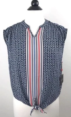 NWT Rafaella Mediterranean Moment Tie Front Blouse Petite XS PXS Navy White Top - Image 1 of 4