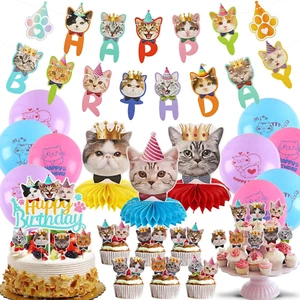 Cat Birthday Party Supplies - 39 Pcs Including 2 Banners, 3 Honeycombs, 9 Balloo - Picture 1 of 12