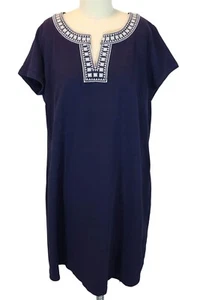 TALBOTS Embroidered Neckline Shift Dress Size 1X Boho Preppy Nautical Navy Blue - Picture 1 of 7