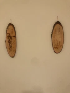 Vintage Matching Pair Chinese Oval Feng Shui Pyrography Wood Slab Oval Plaque - Picture 1 of 8
