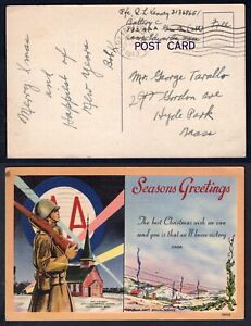 USA Military WW2 1943 Camp Edwards Soldiers Mail, Christmas Postcard