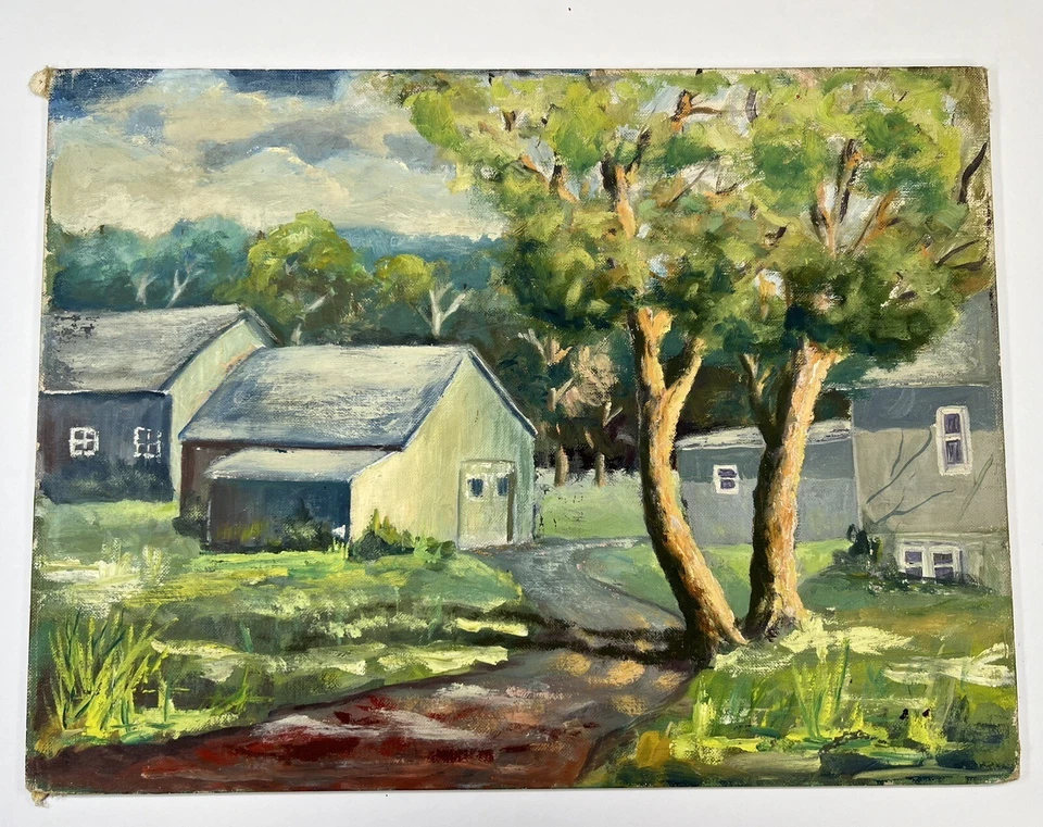 "Pintura de arte popular al óleo sobre lienzo de colección robles gemelos 12x16"" escena agrícola posguerra" Foto 1 de 4