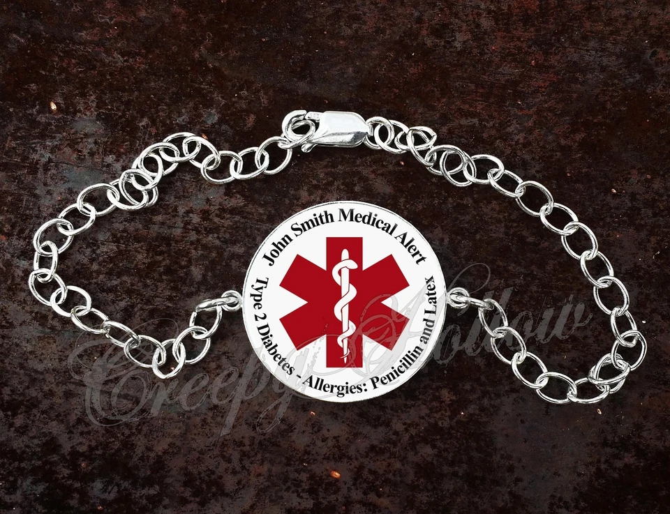 Pulsera ajustable de plata de ley 925 alerta médica tu texto personalizado  Foto 1 de 3