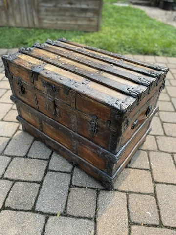 Antique 19th Century Dome Top Wood Metal Steamer Trunk 1800s Wheels Canvas Cover