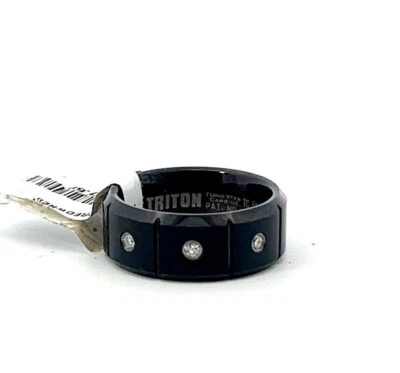 Anillo banda acanalada vertical Triton 8 mm tungsteno negro .12ctw 3 diamantes Foto 1 de 4