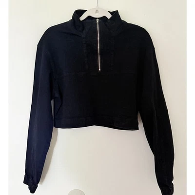 8th of LA Black Denim Cropped Pullover Jacket Quarter Zip Elastic Cuff Sz L - Image 1 of 4