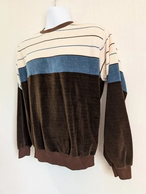Suéter Pullover Vintage Años 70 Campus Velour Marrón y Azul Grande Discoteca Hecho en EE. UU. Foto 1 de 4