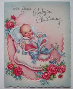 Baby in shoe w carnations embossed vintage Christening greeting card **VV11 - Picture 1 of 3