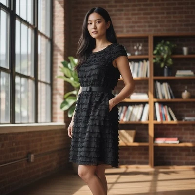 Tadashi Shoji Black Ruffle Tiered Silk Dress Belted Cap Sleeve Size 8 - Image 1 of 4