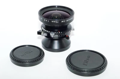 Nikon NIKKOR-SW 75mm f4.5 Wide Angle Large Format Lens. Covers 4x5. Caps. MINT - Image 1 of 4
