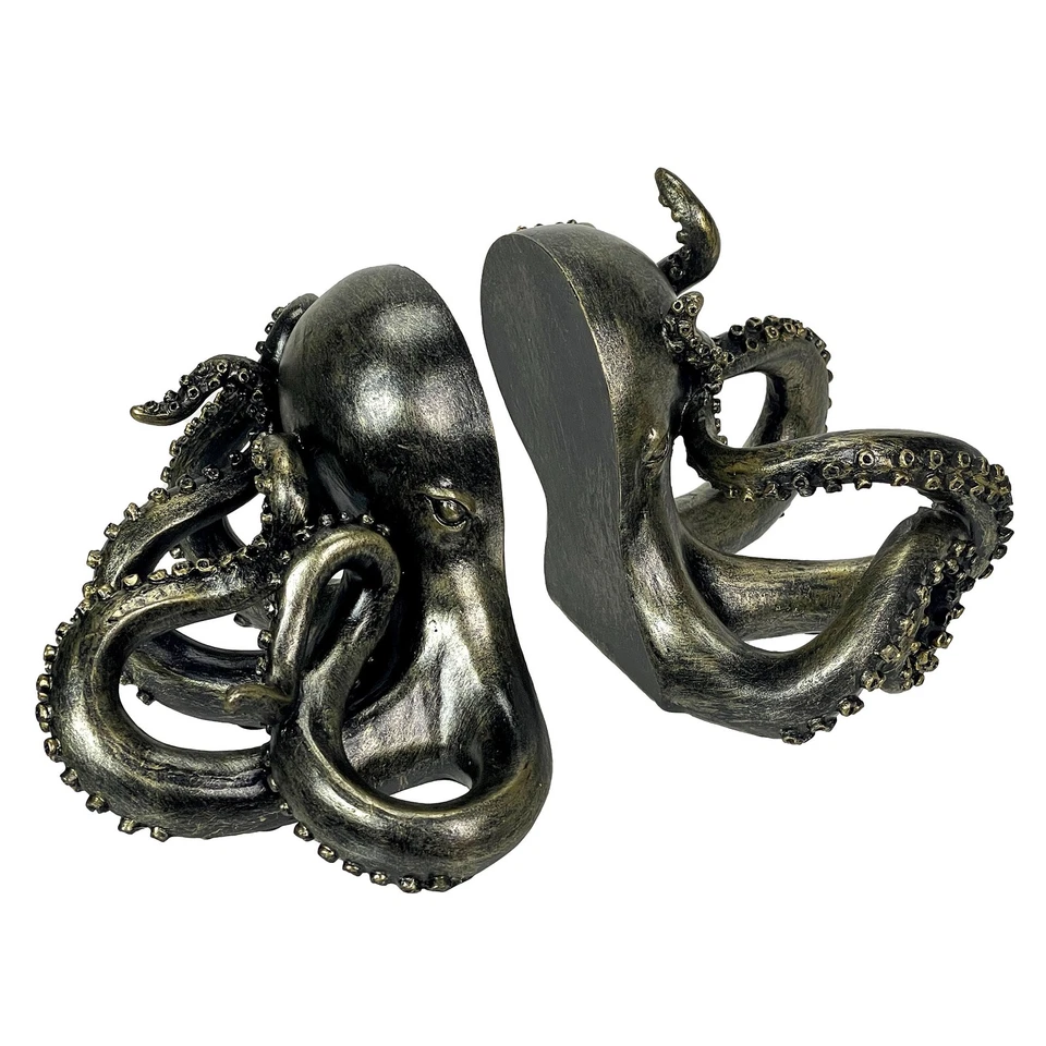 Bronze Octopus Bookends Set of 2 Nautical Polyresin Coastal Shelf Decor - Image 1 of 4