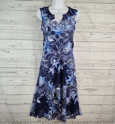 Vestido arrugado para mujer Komarov talla pequeña azul blanco floral bolsillos sin mangas Foto 1 de 4