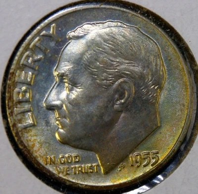 Moneda de diez centavos de plata 1955 D Roosevelt 10c - tono BU - bonita moneda #A66 Foto 1 de 2