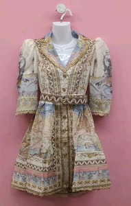 Miss Rosier V Neckline Puff Sleeve Floral Print Mini Dress W/ Belt Size S Beige - Picture 1 of 7