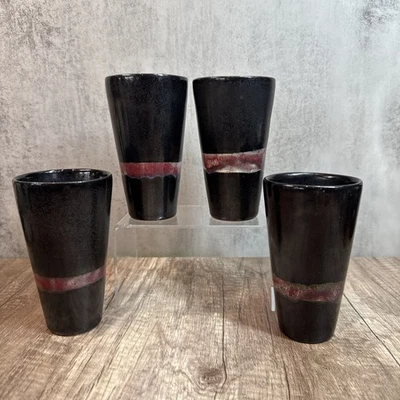 4 Japanese Shuiro Black Sake Tea Stoneware Art Pottery Mugs Cups Color Stripe - Image 1 of 4