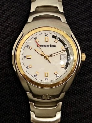 Antigo Novo 1990 MERCEDES BENZ Relógio de Quartzo Suíço Feminino 28mm Data Ouro Aço Branco - Imagem 1 de 4