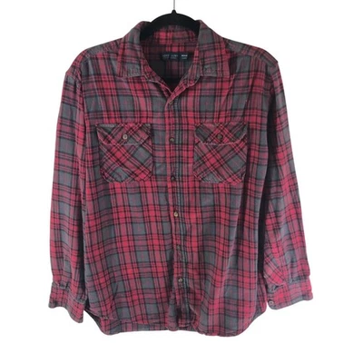 Camisa de franela descolorida Glory para hombre con botones bolsillos en el pecho algodón a cuadros rojo gris M Foto 1 de 3
