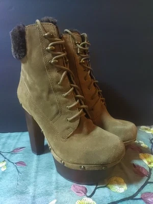 Jessica Simpson Alfie Cuero Nogal Marrón Gamuza Plataforma Madera Tacones Talla 7B Foto 1 de 4