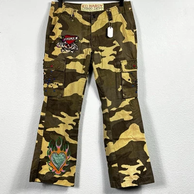 Vtg Ed Hardy Pants Women’s Cargo Dept Tattoo Twill Camo Y2K Grunge Size 26 - Image 1 of 4