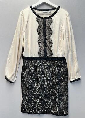 New York & Company Romantic Ivory Satin Dress With Black Embroidery Lace Size 14 - Image 1 of 4