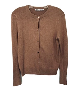 Zara Cardigan Sweater Brown Snap Front Viscose Blend Snap Emblished Sleeve Med - Picture 1 of 8
