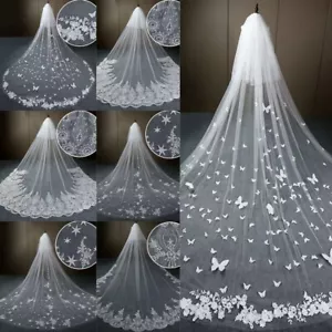 Velo Sposa Matrimonio Lungo 3,5 Metri Uno Strato Floreale Farfalla Applicazioni - Foto 1 di 14