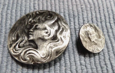 2 Vintage Battersea Pewter Buttons c 1978 Art Nouveau Cameo Head - Image 1 of 3