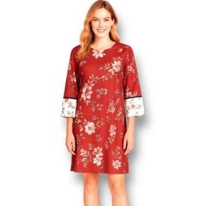Vestido recto floral rojo J. Jill S manga 3/4 forrado ligero puño en contraste elegante - Imagen 1 de 10