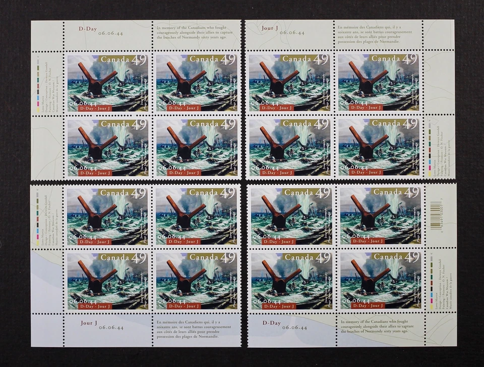 CANADA 2004 #2043, 49c D-Day Juno Beach Matched Plate Inscription Blocks Mint NH - Image 1 of 1