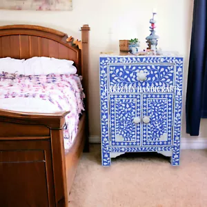 Bone Inlay Floral Design 1 Drawer & 2 Door Bedside Table Blue, Nightstand - Picture 1 of 4