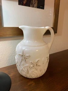 WHITE MILKGLASS PITCHER WITH FLORAL GOLD DESIGN - Picture 1 of 5