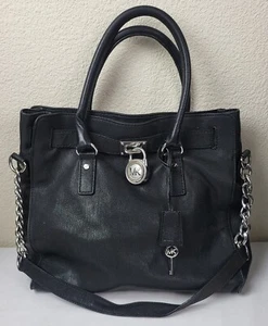 Michael Kors Hamilton Large Satchel Shoulder Bag Black Leather Purse Lock - Picture 1 of 8