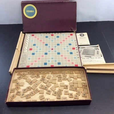 SCRABBLE GAME Vintage 1948 SELCHOW & RIGHTER CO  99- WOOD TILES 4-HOLDERS BOX - Image 1 of 4