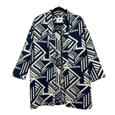Chaqueta Larga Old Navy Mujer Frente Abierto Manga 3/4 Estampado Geométrico Azul Marino Crema Talla M Foto 1 de 4