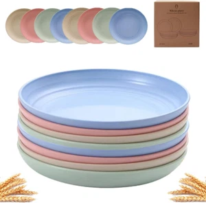 8 Pcs 9 Inch Unbreakable Wheat Straw Plates, Microwave/Dishwasher Safe Cereal Di - Picture 1 of 12