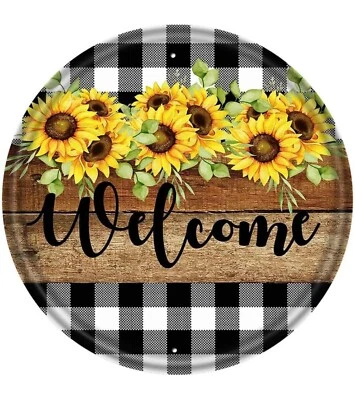 Round Metal Tin Sign Rustic Wall Decor Buffalo Plaid Sunflower Welcome Sign - Image 1 of 3