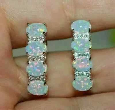 3.5 Ct Fire Opal & Diamond Hoop Earrings Women 14K White Gold Finish Oval - Image 1 of 4