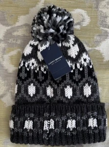 Lucky Brand Fair Isle Knit Pom Pom Hat Black Gray White NWT - Picture 1 of 4