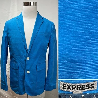 Chaqueta Blazer Abrigo Deportivo Express Para Hombre Pequeña Algodón/Lino Azul Blanco 2 Botones Foto 1 de 4