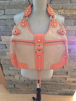 EUC Rafe Linen & Leather Handbag - Large Hobo - Tan & Coral - Image 1 of 4