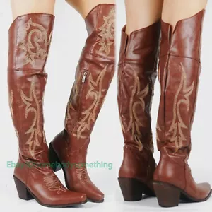 Botas de vaquero bordadas para mujer de tacón alto grueso hasta la rodilla zapatos talla grande - Imagen 1 de 10