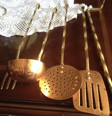 Vintage Cooking Utensils Spatula Ladle Fork Sieve Copper And Brass Set Rare Find - Image 1 of 4