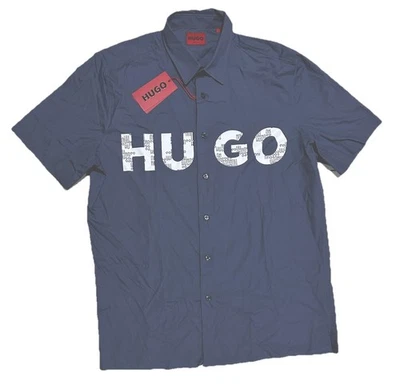 NWT-Hugo Boss Men's Ebor Logo Print Short Sleeve Button Down Shirt Blue Sz XL - Image 1 of 4