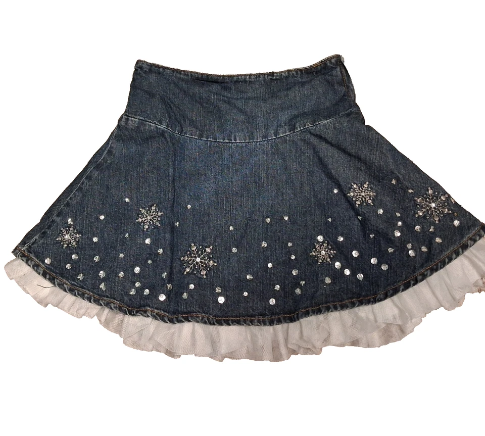 Falda Jean Gymboree Denim Bordada Copos de Nieve Forrada con Volantes de Encaje Talla 4 Foto 1 de 4