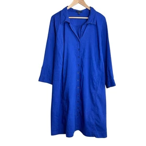 eileen fisher dress size 1X royal blue linen shirtdress midi button up A-line - Picture 1 of 8