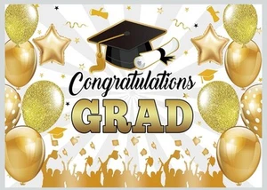 Congrats Grad Backdrop Black with image of Bachelor Cap Gold Balloons Grad - Picture 1 of 5
