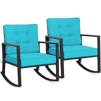 2PCS Patio Rattan Rocker Chair Outdoor Glider Rocking Chair Cushion Turquoise Foto 1 de 4