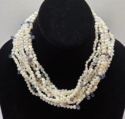 Freshwater Pearl Amethyst Sterling Silver 10 Strand Necklace 18" L 925 Cultured - Image 1 of 4