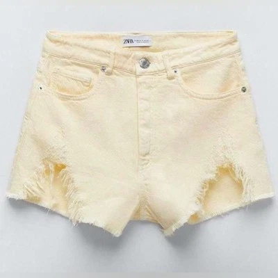 ZARA Amarillo Desgastado Denim Corto Pantalones Cortos Talla 2 tiro Alto Foto 1 de 4